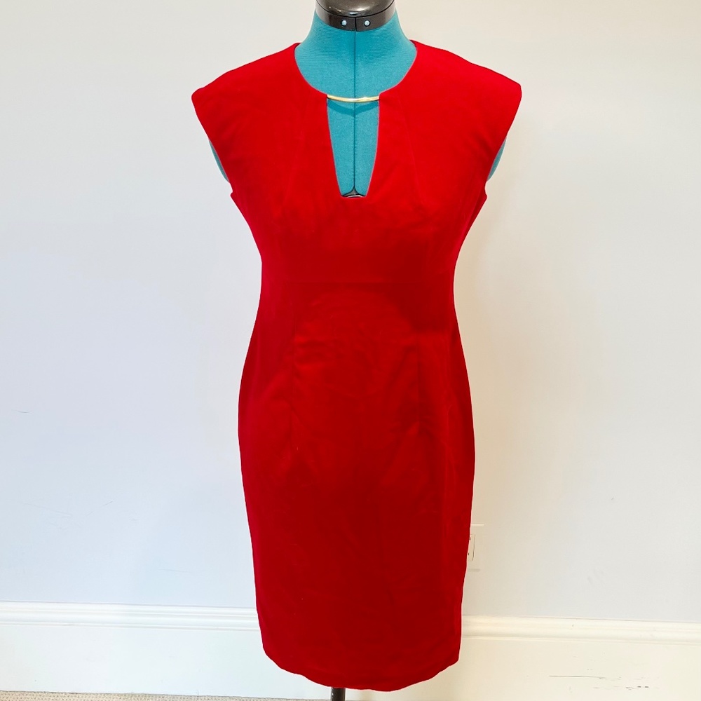 NWT Calvin Klein Red Dress with Gold Neckline Detailing